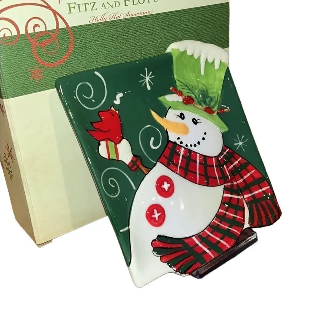 Fitz & Floyd Holly Hat Snowman Snack Plate w/ Spreader